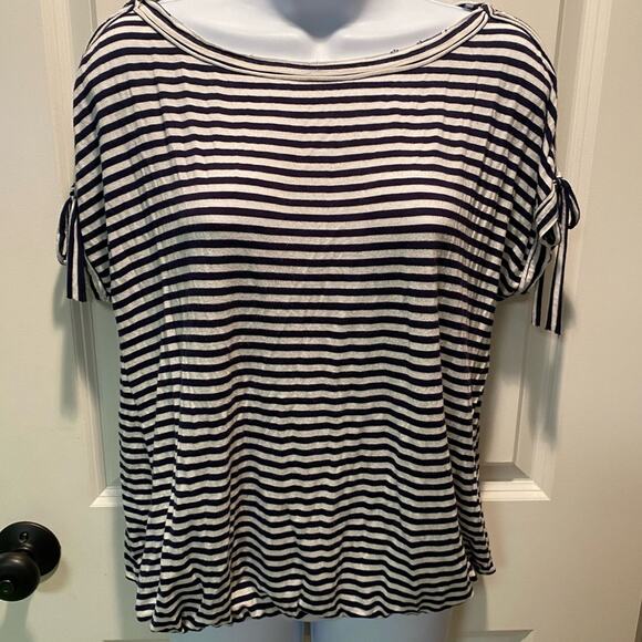 MAX STUDIO NAVY & OFF WHITE STRIPPED Short Sleeve Round Neck Shirt SIZE SMALL - Picture 1 of 5